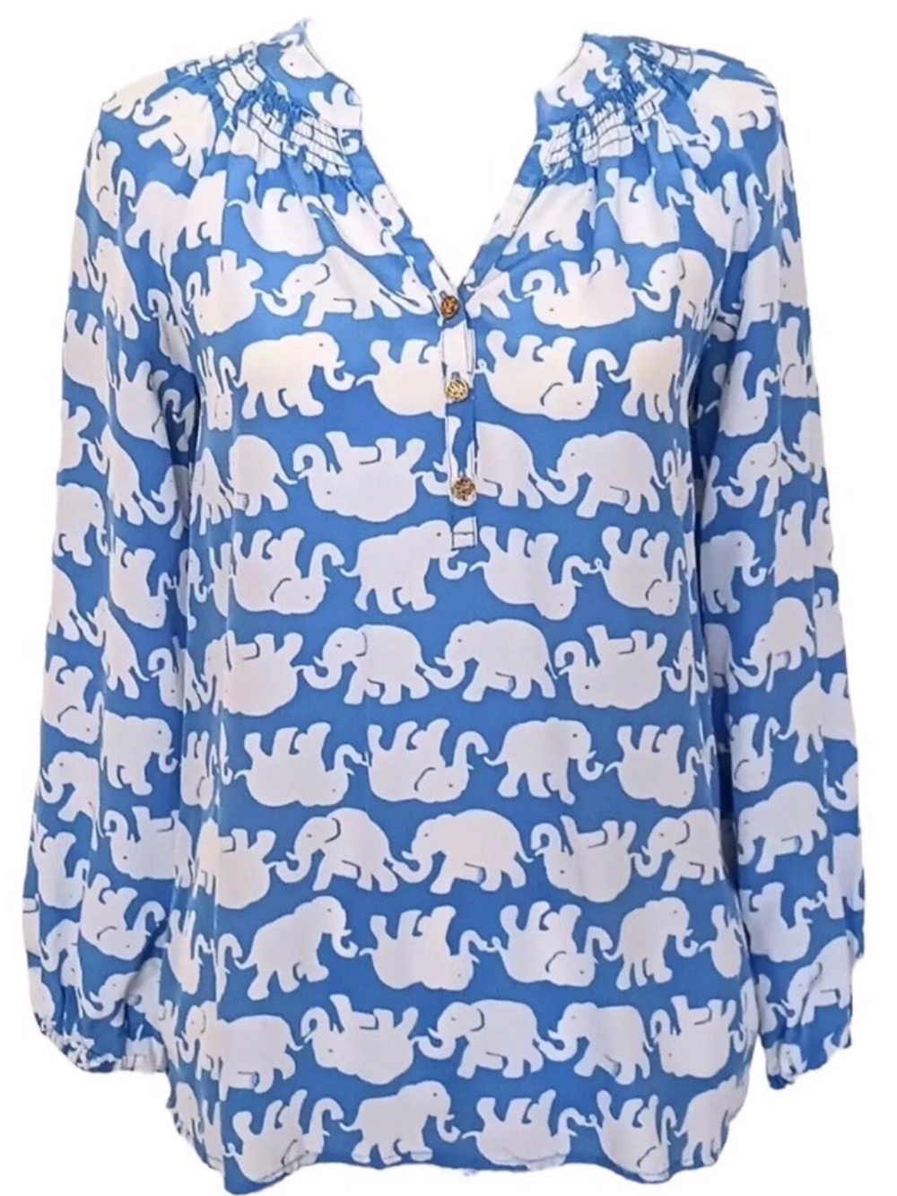 Lilly Pulitzer Small Tusk In Sun Elsa Silk Shirt Blue White Elephant Print